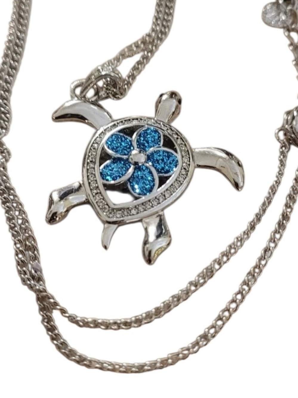 Silver Turtle Pendant Necklace with Blue Swarovski Flower